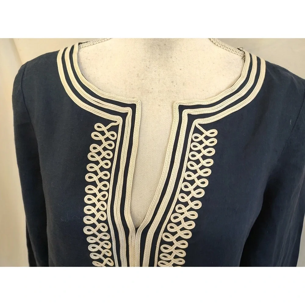 Michael Kors Linen Tunic Top Navy Blue & White Trim Nautical Indian Classic Sz M